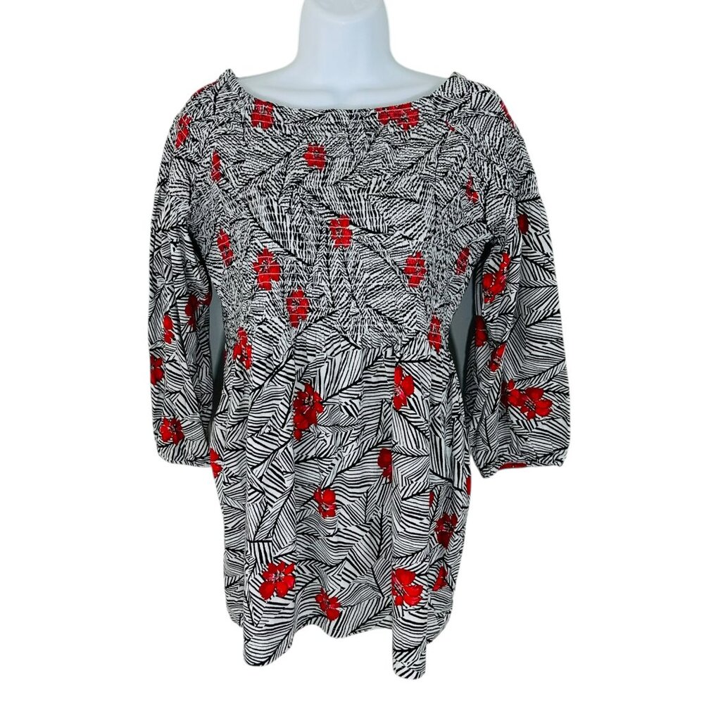 J. Jill Women's Sz S Floral Elastic Smocked Bodice Black White Red Knit Top NEW